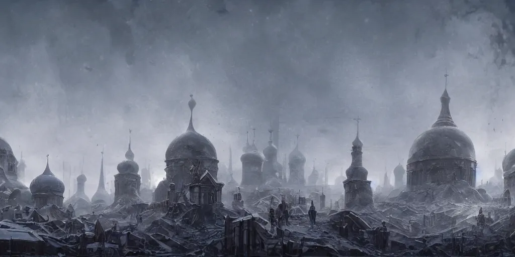 Prompt: Post-apocalyptic imperial russian city scene with a dark smog choked sky and a crowd of people freezing in the snow, black domes and spires, sci fi, detailed matte painting, cinematic, Alan Lee, Artstation