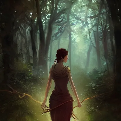Prompt: Artemis walking through a forest, digital painting by charlie bowater God, sharp, cinematic lighting, rays through leaves