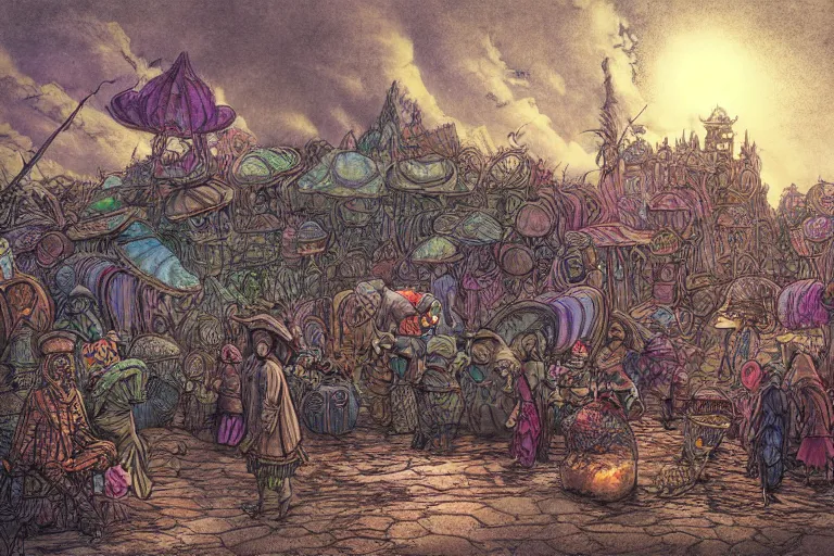 Prompt: caravan of portobello mushroomfolk merchant nomads traveling through a psychedelic landscape, in the style of Greg Broadmore and Arthur Rackham and Moebius, trending on artstation, light lighting side view,digital art,surrealism ,macro,blueprint ,vaporwave ,