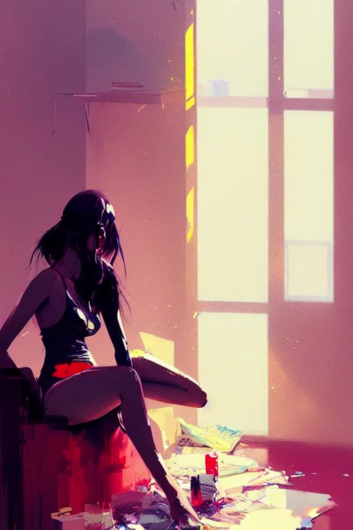 Image similar to a ultradetailed beautiful panting of a stylish woman sitting in a messy apartment, by greg rutkowski, conrad roset and makoto shinkai, trending on artstation