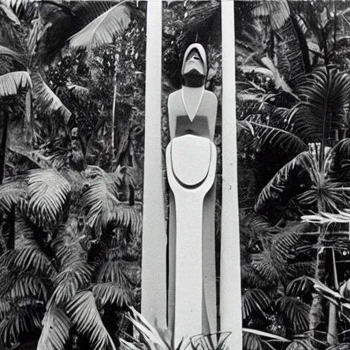 Image similar to lost film footage of a sacred modernist totem in the middle of the tropical jungle / film still / cinematic / enhanced / 1 9 2 0 s / black and white / grain