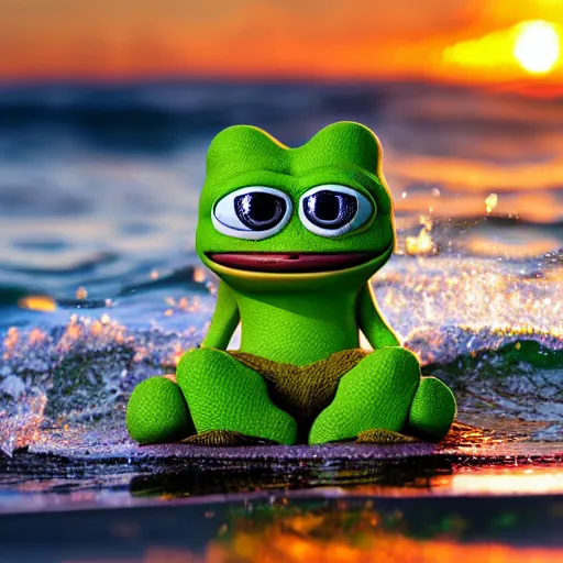 Image similar to a closeup photorealistic photograph of a cute pepe the frog on a surfboard surfing on the waves at sunset. surf in background. professional capture. brightly lit scene. this 4 k hd image is trending on artstation, featured on behance, well - rendered, extra crisp, features intricate detail, epic composition and the style of unreal engine