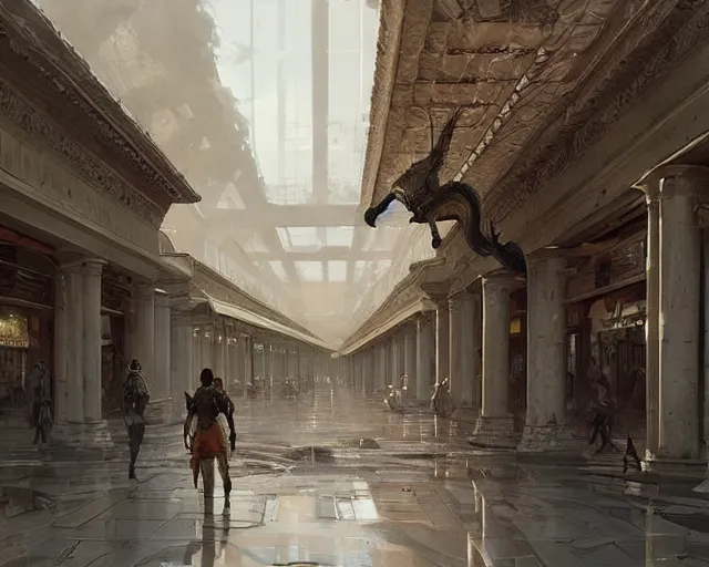 Image similar to a mall in the style of ancient imperial rome cities, art by greg rutkowski and artgerma, stunning concept art, interior design architecture