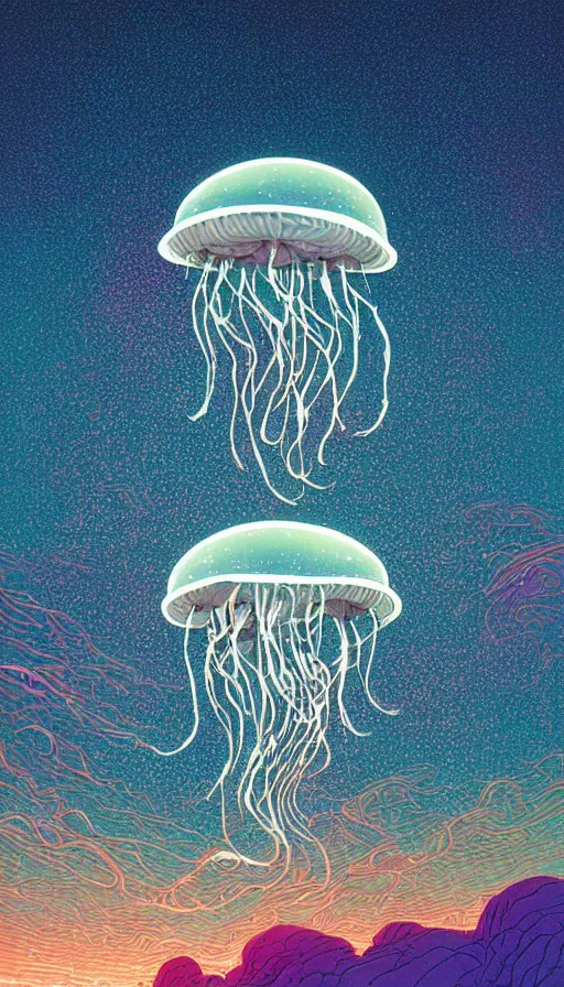 Prompt: a lot of little luminous jellyfish floating on cosmic cloudscape at sunset, futurism, dan mumford, victo ngai, kilian eng, da vinci, josan gonzalez
