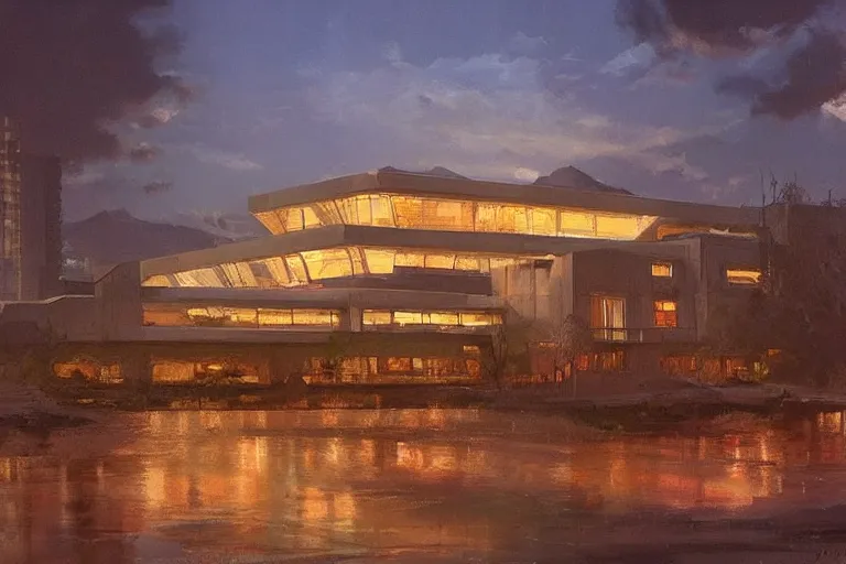 Prompt: night light as day trending on artstation building by frank lloyd wright painting by james gurney by trending on artstation matte painting,