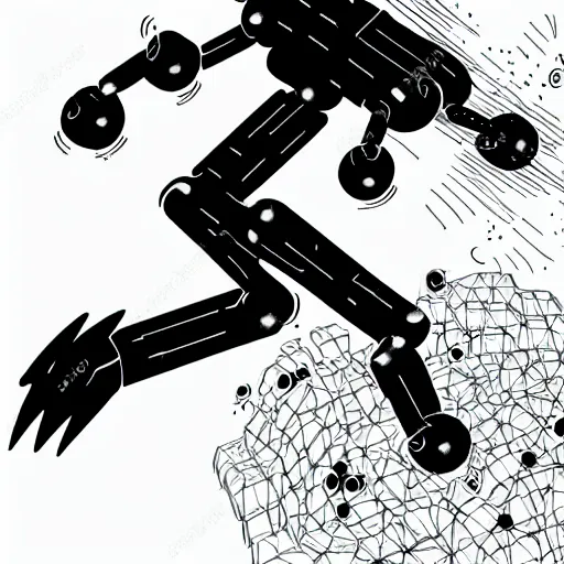 Image similar to a black and white storyboard sketch of a giant humanoid athletic sleek futuristic humanoid robot mech charging up, surrounded by small floating particles, lines of energy pulsing off the robot