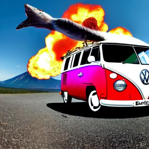 Image similar to a caricature drawing of a vw volkswagen bus, camper, bulli, type - 2, microbus, kombi, flying towards the camera, jumping at the viewer, dynamic action shot, fish - eye lense, frontal, a vulcano is erupting in the background