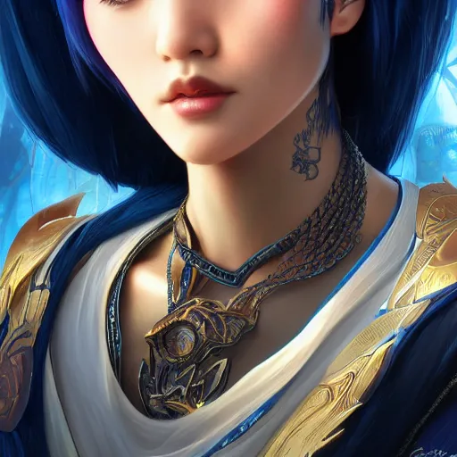 Image similar to closeup portrait of a young asian Cyberpunk woman with dark blue hair, fantasy, intricate, elegant, highly detailed, digital painting, artstation, concept art, matte, sharp focus, illustration, hearthstone, art by Artgerm and Gred Rutkowski and Alphonse Mucha