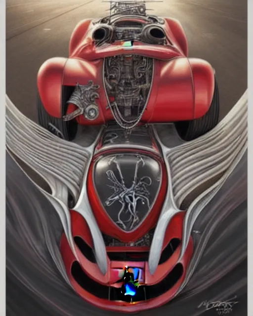 Image similar to Ferrari hotrod car with an exposed V12 engine, fantasy, intricate art nouveau mechanical designs, elegant, highly detailed, sharp focus, art by Artgerm and Greg Rutkowski and WLOP