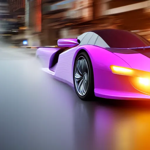 Prompt: A car driving a fast car in the rain, futuristic, cyberpunk, purple