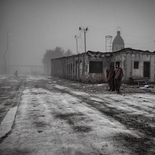 Image similar to flash photograph of an abandoned rundown soviet town with dense fog and men wearing gas masks