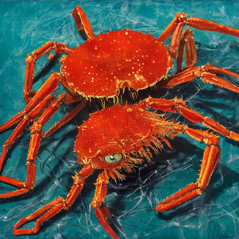 Prompt: Hyperrealistic intensely colored Studio wet collodion Photograph portrait of a deep sea Giant Spider Crab deep underwater in darkness long exposure, award-winning nature deep sea expressionistic impasto heavy brushstrokes oil painting by Jenny Saville and Norman Rockwell and Audubon vivid colors hyperrealism 8k