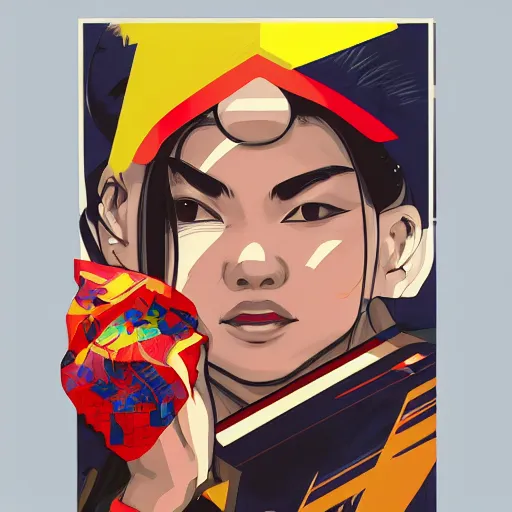 Image similar to Street Fighter 2 Chun-Li profile picture by Sachin Teng, asymmetrical, Organic Painting , adidas, Impressive, Award Winning, Warm, Good Vibes, Positive, geometric shapes, hard edges, energetic, intricate background, graffiti, street art:2 by Sachin Teng:4