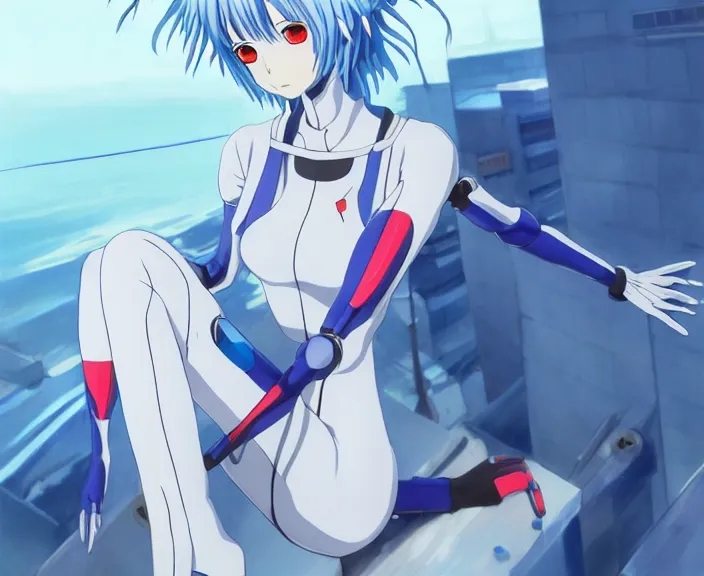 Image similar to anime art, fullbody shot of female rei ayanami, evangelion, long blue hair and large eyes, finely detailed perfect face, in a pale skintight plugsuit, sitting on rooftop, flooded city, trending on pixiv fanbox, by ilya kuvshinov, sola digital arts,, raytracing