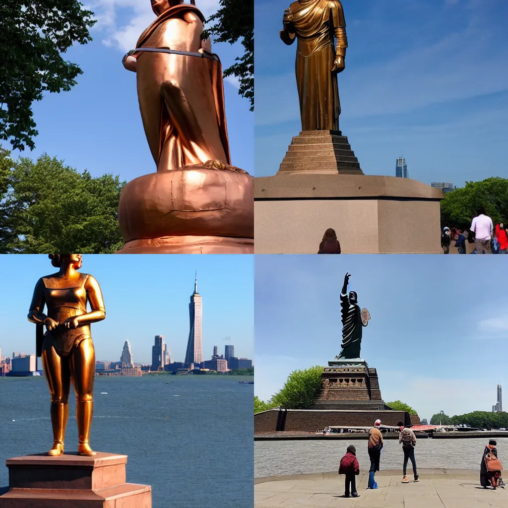 Prompt: A giant copper statue of Leia Organa on Liberty Island, NY, overlooking the harbour