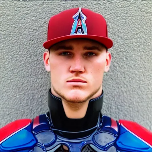 Prompt: “a realistic photo of a guy who is an attractive man who is half robot and half humanoid, who is a android, Mike Trout, shiny skin, blue eyes”