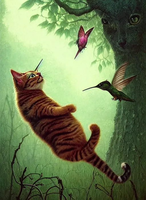 Image similar to a hyper realistic illustrated cat with playing with a hummingbird on its paw in the woods gorgeous lighting, k _ lms lush forest foliage painting by chiara bautista and beksinski and norman rockwell and greg rutkowski weta studio, and lucasfilm