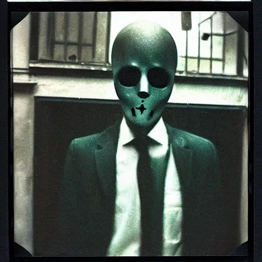 Image similar to polaroid of slenderman standing in dark alley