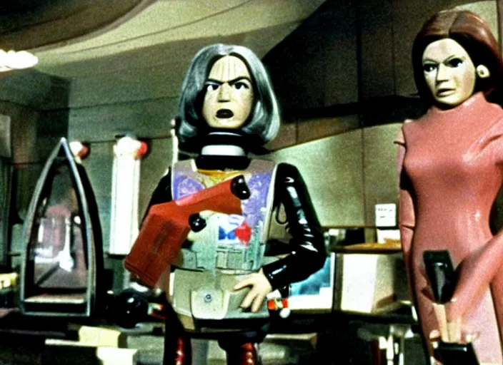 Image similar to a scene from a 1 9 7 0 s british sci - fi tv programme by the bbc and gerry anderson, supermarionation, vhs distortion, folk horror, hauntology