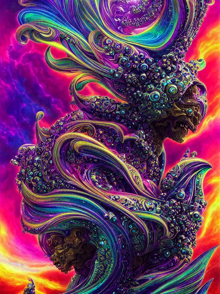 Image similar to depicting a wrathful technological nightmare monster god, in the style of lisa frank, exuberant organic elegant forms, by karol bak and filip hodas : : 1. iridescent, multicolored, holographic intricate mandala explosions : : intuit art : : turbulent clouds backdrop : : damask wallpaper : : atmospheric