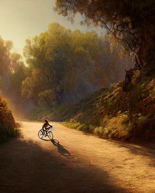 Image similar to a painting of a person riding a bike down a dirt road, a detailed matte painting by julian onderdonk, cgsociety, photorealism, reimagined by industrial light and magic, unreal engine 5, unreal engine