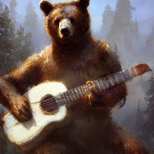 Image similar to realistic bear playing fantastic primitive forms guitar, fantasy character portrait by Greg Rutkowski, Craig Mullins, Gaston Bussiere