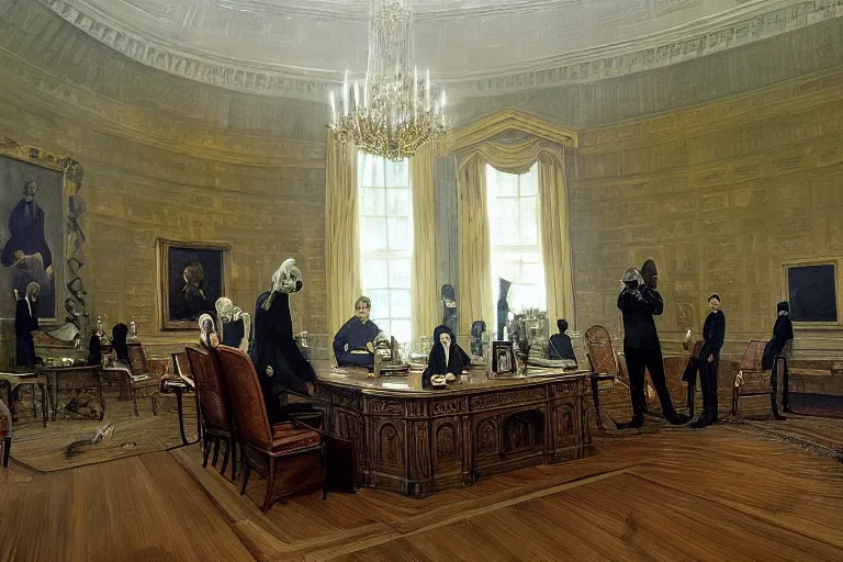 Image similar to a grand portrait of a tall terrifying alien president in the white house oval office. majestic room. he is surrounded by alien advisors. in the style of american impressionist painting. in the style of 1 8 0 0 s romanticism painting. in the victorian era. fantastic composition. dramatic lighting. lots of aliens. aliens. aliens.