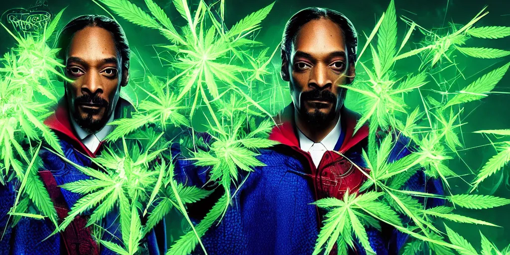 Prompt: snoop dogg doctor strange, marijuana, marijuana leaves, green light,, multiple dimensions, shattered glass, refractions, highly detailed, cinematic by francis tneh, marvel cinematic universe, mcu, photo