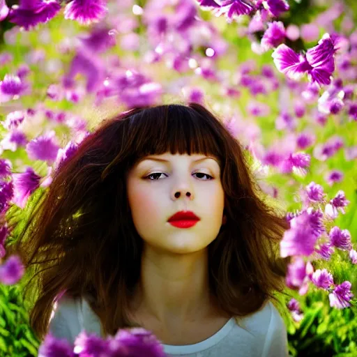 Image similar to girl looking up with flowers sprouting from her face, ethereal illustration