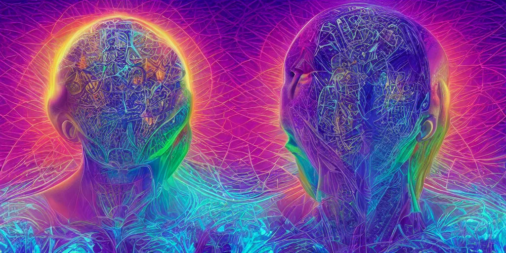 Image similar to ai transcendence into collaborative intelligence, connectedness, body, by alex grey, album cover, award winning, beautiful, colorful, volumetric lighting, trending on artstation