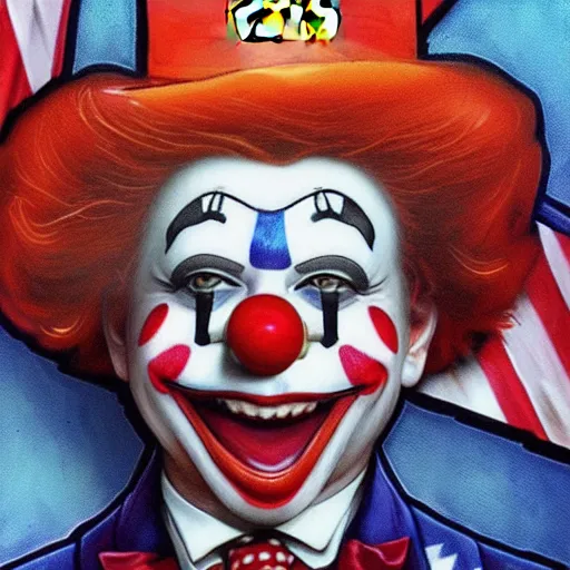 Image similar to Graffiti of a McDonald\'s clown as the US president, intricate, highly detailed, digital painting, artstation, smooth, sharp focus, illustration, art by artgerm and greg rutkowski and alphonse mucha