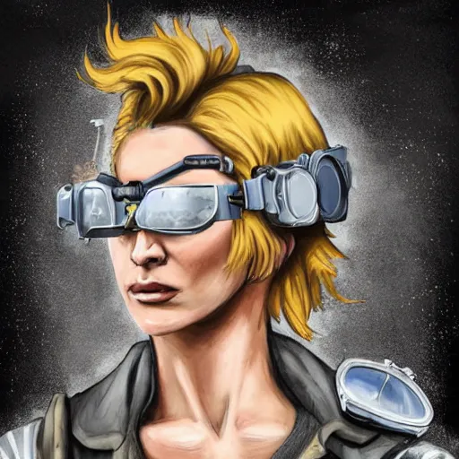 Image similar to highly detailed character concept art of stoic heroic emotionless square-jawed butch blonde tattooed woman engineer looking to side, wearing steampunk goggles and dirty ripped flight suit, on primitive planet, portrait, illustration, pulp sci fi, science fiction