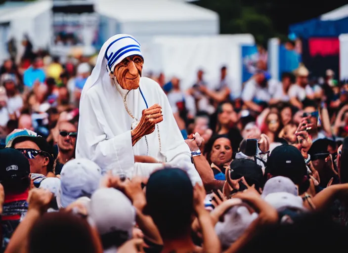 Image similar to photo still of mother teresa on stage at vans warped tour!!!!!!!! at age 4 8 years old 4 8 years of age!!!!!!! throwing roseries to the crowd, 8 k, 8 5 mm f 1. 8, studio lighting, rim light, right side key light