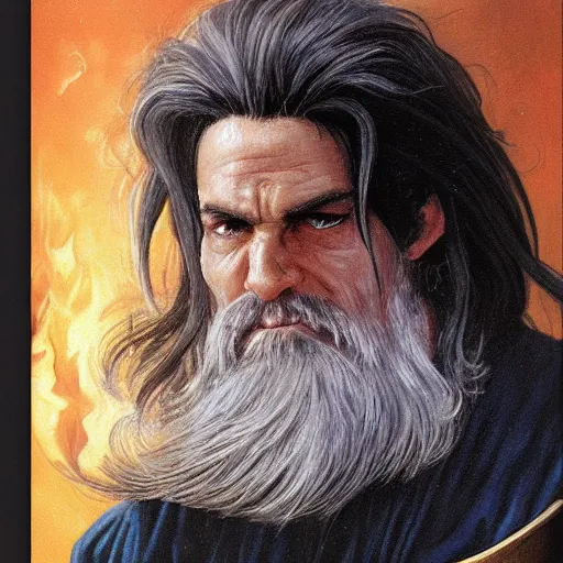 Prompt: beautiful portrait painting of a very short and small male halfing bard with white hair, full beard, extremely irritated, agitated, from pathfinder, evil smirk, narcissist, self centered, casting fireball, painted by larry elmore, wayne reynolds, greg rutkowski, magic the gathering, dungeons and dragons, dishonored 2