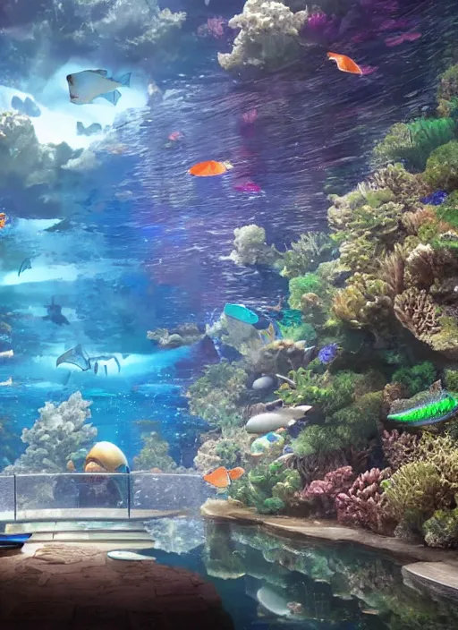 Prompt: fantastic space. aquarium underwater corridor. people observing lots of clear fish. water droplets, highly detailed, artstation trend, highly detailed and intricate, studio ghibli, makoto shinkai, no blur, photography, unreal engine 5