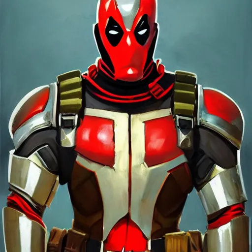 Image similar to greg manchess portrait painting of armored deadpool as overwatch character, medium shot, asymmetrical, profile picture, organic painting, sunny day, matte painting, bold shapes, hard edges, street art, trending on artstation, by huang guangjian and gil elvgren and sachin teng