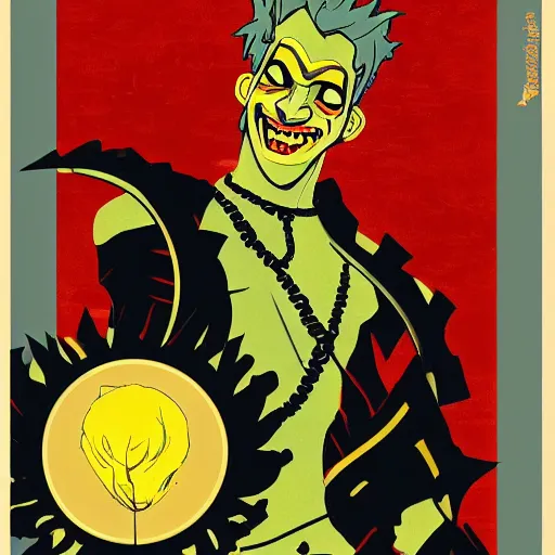 Image similar to junkrat from overwatch in the style of a 1 9 6 0 s art nouveau poster