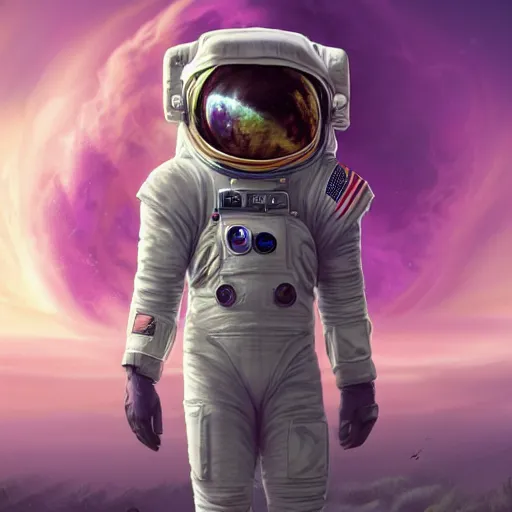 Image similar to epic portrait an astronaut standing on a lush purple world, sunset, giant purple sun, beauty, pretty clouds, digital painting, artstation, concept art, soft light, hdri, smooth, sharp focus, illustration, fantasy, intricate, elegant, highly detailed, D&D, matte painting, in the style of Greg Rutkowski and Alphonse Mucha and artemisia, 8k, highly detailed, jurgens, rutkowski, bouguereau, pastoral, rustic, georgic