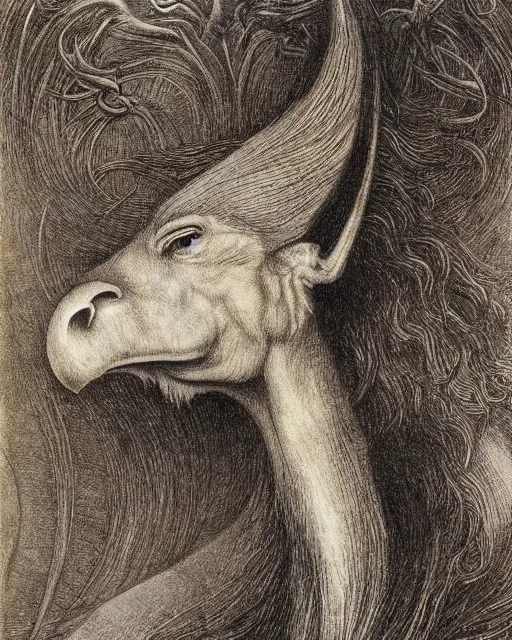 Image similar to a creature with the body and eyes of a man, with the beak of an eagle, the mane of a lion, and the horns of an ox. drawn by jean delville