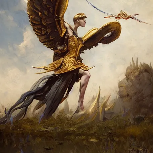 Prompt: a flying marble and gold head with wings attached to its temples and a sword protruding from where its neck would be, oil painting, by Fernanda Suarez and and Edgar Maxence and greg rutkowski