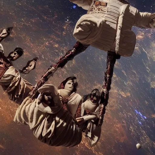 Image similar to ancient humans flying across space in ancient clothes, extremely detailed, ultra wide angle, cinematic still, directed by Quintin Tarantino