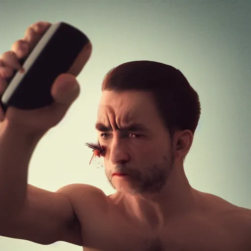 Prompt: frustrated man is angry at his phone, wide angle, cinematic lighting, hd, high details, dramatic, trending on artstation