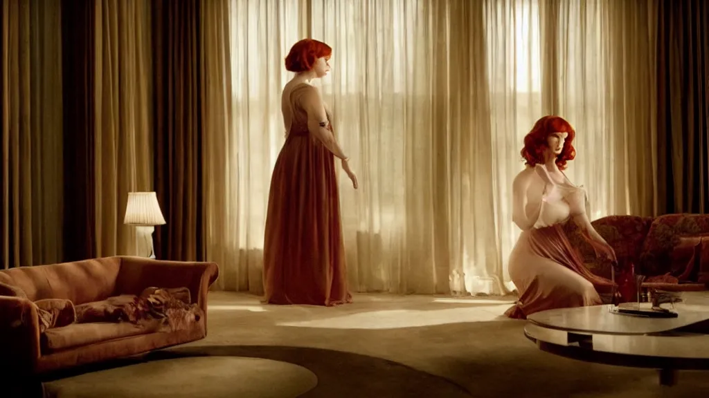 Image similar to Christina Hendricks in the living room, film still from the movie directed by Denis Villeneuve with art direction by Salvador Dalí, wide lens