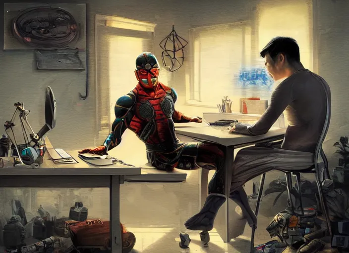 Image similar to an insanely detailed painting of an asian man wearing a homemade superhero costume, sitting at a desk, staring seriously at the computer and typing, in the style of peter mohrbacher, james jean, artgerm, dramatic lighting and composition, surreal background, octane render, pixar, trending on artstation, concept art, comic book, view from behind, 8 k