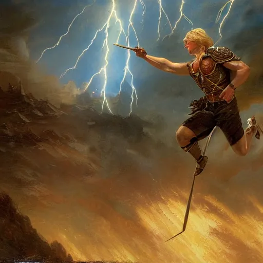 Prompt: a man with short blonde hair shooting lightning bolts at his enemy in battle. detailed matte painting. masterpiece. 4 k. fantasy art. by gaston bussiere. derek zabrocki. craig mullins