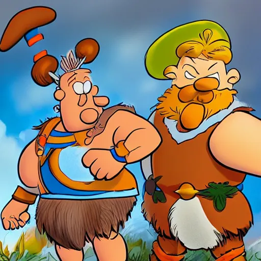 Prompt: picture of asterix and obelix by an american comics author, digital art, award winning, trending on artstation
