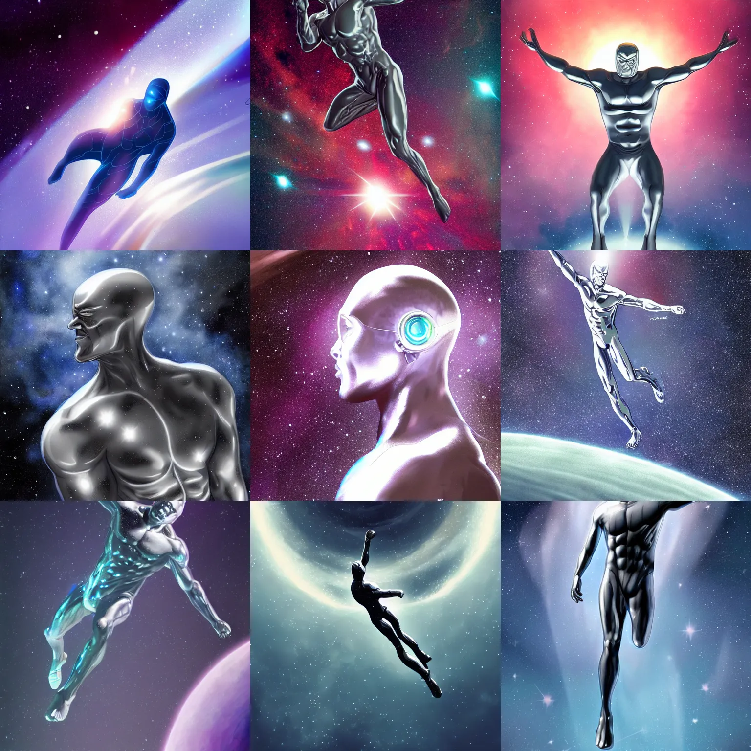 Prompt: the reflective silver surfer flying through the cosmos, artstation, beautiful, detailed.