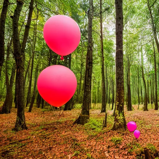 Prompt: An abandoned forest with colorful balloons, Sony a7R IV, symmetric balance, polarizing filter, Photolab, Lightroom, 4K, Dolby Vision, Photography Award