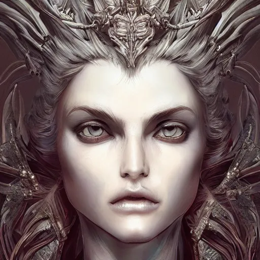 Image similar to female angel queen head portrait，white skin，beautiful，long hair，hyper details, black metal rococo, sculpted by Alex Alice, Craig Mullins, yoji shinkawa, trending on artstation, beautifully lit, Peter mohrbacher, hyper detailed, elite, elegant, luxury, ray of light through smoke, CGsociety, hypermaximalist, golden ratio, neofuture, volumetric, octane render, weta digital, micro details, 3d sculpture