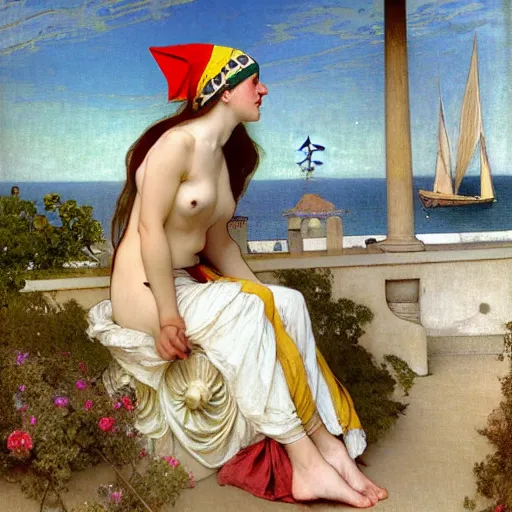 Image similar to A girl with jester hat and clothes on a greek archi circle on the front of a Balustrade with a beach and a sail boat on the background, major arcana clothes, by alphonse mucha and arnold böcklin arnold böcklin arnold böcklin, paul delaroche, hyperrealistic 8k, very detailed